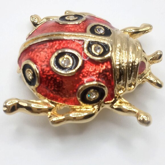 Vintage Ladybug Brooch Red Enamel Gold-Tone Metal Rhinestone Accents Lapel Pin - Picture 2 of 8